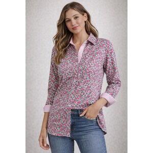 Boden Floral Button Down Shirt Pink Green Cotton Striped Trim Size 8